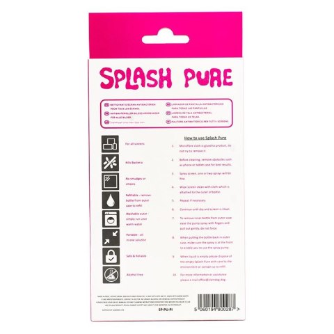 Splash Pure - Antybakteryjny spray z mikrofibrą do czyszczenia ekranu, 20 ml (różowy) Splash Pure - Antybakteryjny spray z mikrofibrą do czyszczenia ekranu, 20 ml (różowy)