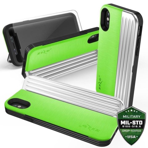 Zizo Retro Series - Etui iPhone Xs / X z kieszenią na karty + podstawka + szkło 9H na ekran (Neon Green/Silver) Zizo Retro Series - Etui iPhone Xs / X z kieszenią na karty + podstawka + szkło 9H na ekran (Neon Green/Silver)