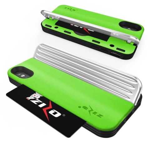 Zizo Retro Series - Etui iPhone Xs / X z kieszenią na karty + podstawka + szkło 9H na ekran (Neon Green/Silver) Zizo Retro Series - Etui iPhone Xs / X z kieszenią na karty + podstawka + szkło 9H na ekran (Neon Green/Silver)