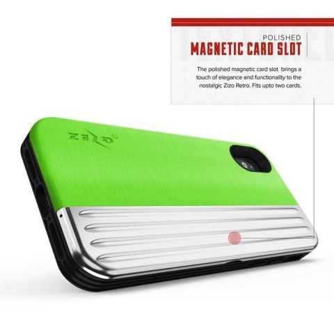 Zizo Retro Series - Etui iPhone Xs / X z kieszenią na karty + podstawka + szkło 9H na ekran (Neon Green/Silver) Zizo Retro Series - Etui iPhone Xs / X z kieszenią na karty + podstawka + szkło 9H na ekran (Neon Green/Silver)