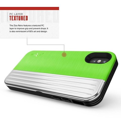 Zizo Retro Series - Etui iPhone Xs / X z kieszenią na karty + podstawka + szkło 9H na ekran (Neon Green/Silver) Zizo Retro Series - Etui iPhone Xs / X z kieszenią na karty + podstawka + szkło 9H na ekran (Neon Green/Silver)