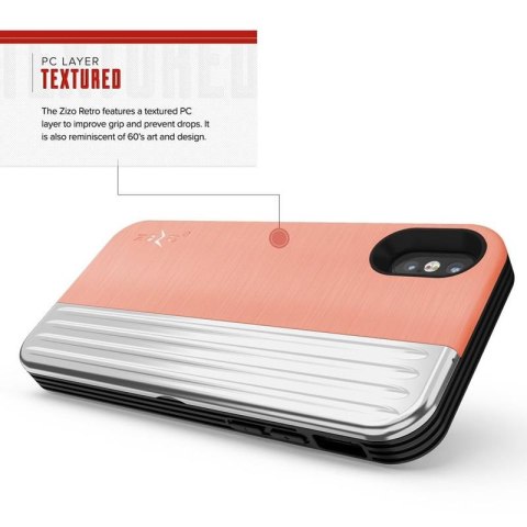 Zizo Retro Series - Etui iPhone Xs / X z kieszenią na karty + podstawka + szkło 9H na ekran (Peach/Silver) Zizo Retro Series - Etui iPhone Xs / X z kieszenią na karty + podstawka + szkło 9H na ekran (Peach/Silver)