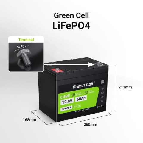 Green Cell - Akumulator LiFePO4 12V 12.8V 60Ah do systemów fotowoltaicznych, kamperów i łódek Green Cell - Akumulator LiFePO4 12V 12.8V 60Ah do systemów fotowoltaicznych, kamperów i łódek