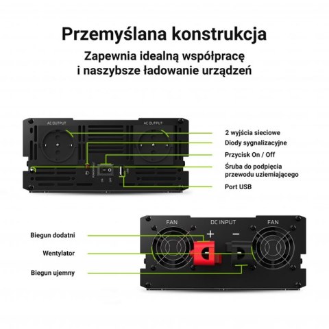 Green Cell - Przetwornica napięcia Inwerter 12V na 230V 1500W/3000W Modyfikowana sinusoida Green Cell - Przetwornica napięcia Inwerter 12V na 230V 1500W/3000W Modyfikowana sinusoida
