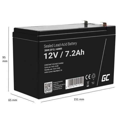 Green Cell - AGM VRLA 12V 7.2Ah bezobsługowy akumulator do systemu alarmowego, kasy fiskalnej, zabawki Green Cell - AGM VRLA 12V 7.2Ah bezobsługowy akumulator do systemu alarmowego, kasy fiskalnej, zabawki
