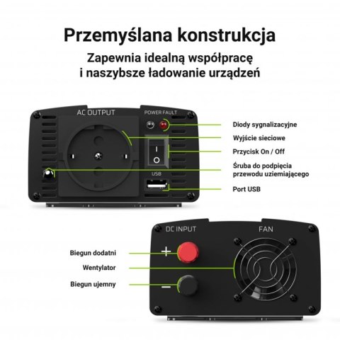 Green Cell - Przetwornica napięcia Inwerter 24V na 230V 500W/1000W Czysta sinusoida Green Cell - Przetwornica napięcia Inwerter 24V na 230V 500W/1000W Czysta sinusoida