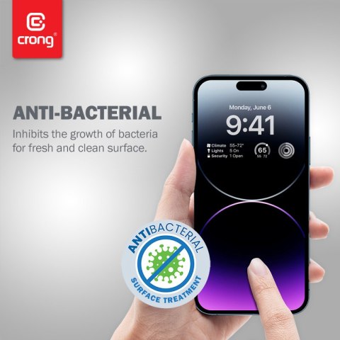 Crong Anti-Bacterial 3D Armour Glass - Szkło hartowane 9H na cały ekran iPhone 14 Pro Max + ramka instalacyjna Crong Anti-Bacterial 3D Armour Glass - Szkło hartowane 9H na cały ekran iPhone 14 Pro Max + ramka instalacyjna
