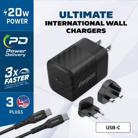 Energizer Ultimate - Ładowarka sieciowa Multiplug EU / UK / US GaN USB-C 20W PD + kabel USB-C (Czarny) Energizer Ultimate - Ładowarka sieciowa Multiplug EU / UK / US GaN USB-C 20W PD + kabel USB-C (Czarny)