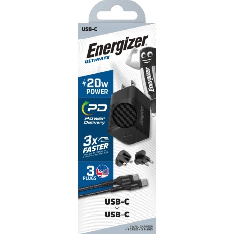 Energizer Ultimate - Ładowarka sieciowa Multiplug EU / UK / US GaN USB-C 20W PD + kabel USB-C (Czarny) Energizer Ultimate - Ładowarka sieciowa Multiplug EU / UK / US GaN USB-C 20W PD + kabel USB-C (Czarny)