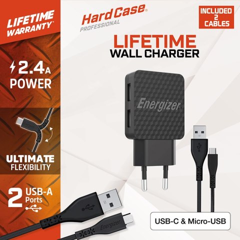 Energizer HardCase - Kompaktowa ładowarka sieciowa 2x USB-A + Kabel USB-C & Micro USB (Czarny) dożywotnia gwarancja Energizer HardCase - Kompaktowa ładowarka sieciowa 2x USB-A + Kabel USB-C & Micro USB (Czarny) dożywotnia gwarancja