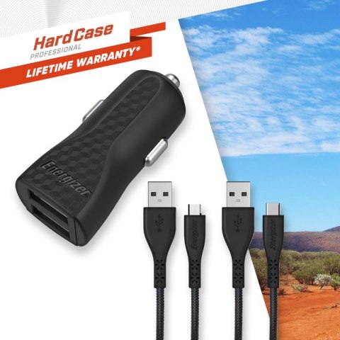 Energizer HardCase - Ładowarka samochodowa 2x USB-A 2.4A + Kabel USB-C & Micro USB (Czarny) Energizer HardCase - Ładowarka samochodowa 2x USB-A 2.4A + Kabel USB-C & Micro USB (Czarny)