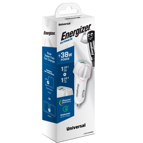 Energizer Ultimate - Ładowarka samochodowa USB-C & USB-A 38W PD + QC3.0 (Biały / Srebrny) Energizer Ultimate - Ładowarka samochodowa USB-C & USB-A 38W PD + QC3.0 (Biały / Srebrny)