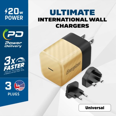 Energizer Ultimate - Ładowarka sieciowa Multiplug EU / UK / US GaN USB-C 20W PD (Złoty) Energizer Ultimate - Ładowarka sieciowa Multiplug EU / UK / US GaN USB-C 20W PD (Złoty)