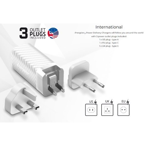 Energizer Ultimate - Ładowarka sieciowa Multiplug EU / UK / US GaN USB-C & USB-A 65W PD (Srebrny) Energizer Ultimate - Ładowarka sieciowa Multiplug EU / UK / US GaN USB-C & USB-A 65W PD (Srebrny)