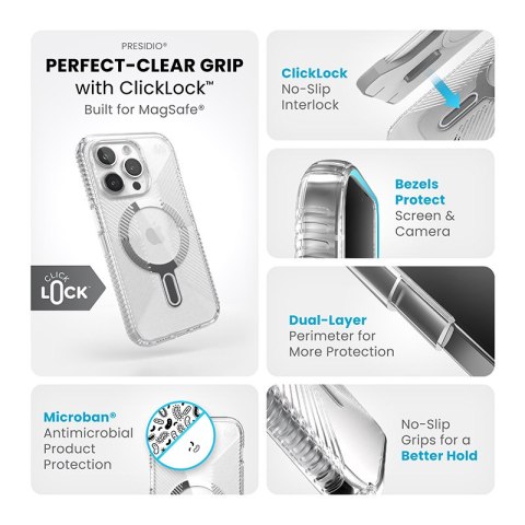 Speck Presidio Perfect-Clear Grip ClickLock & MagSafe - Etui iPhone 15 Pro (Clear / Chrome Finish / Serene Silver) Speck Presidio Perfect-Clear Grip ClickLock & MagSafe - Etui iPhone 15 Pro (Clear / Chrome Finish / Serene Silver)