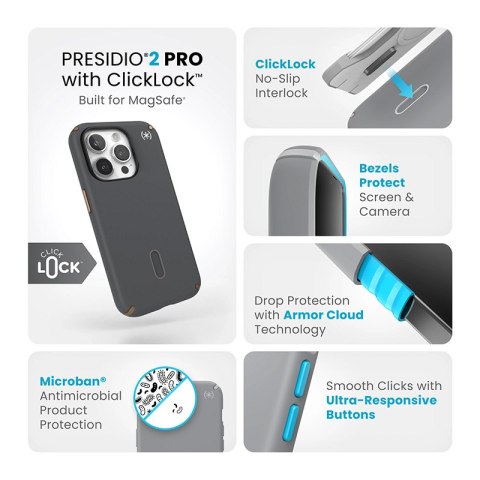Speck Presidio2 Pro ClickLock & MagSafe - Etui iPhone 15 Pro (Charcoal Grey / Cool Bronze) Speck Presidio2 Pro ClickLock & MagSafe - Etui iPhone 15 Pro (Charcoal Grey / Cool Bronze)