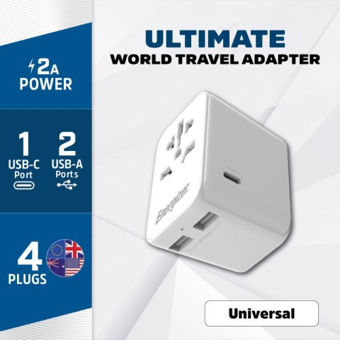 Energizer Ultimate - Ładowarka / Adapter podróżny EU / US / AU / UK + 2x USB-A & USB-C certyfikat MFi (Biały) Energizer Ultimate - Ładowarka / Adapter podróżny EU / US / AU / UK + 2x USB-A & USB-C certyfikat MFi (Biały)