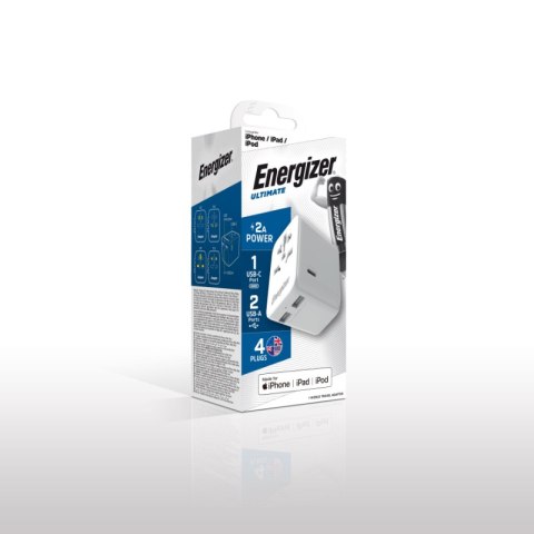 Energizer Ultimate - Ładowarka / Adapter podróżny EU / US / AU / UK + 2x USB-A & USB-C certyfikat MFi (Biały) Energizer Ultimate - Ładowarka / Adapter podróżny EU / US / AU / UK + 2x USB-A & USB-C certyfikat MFi (Biały)