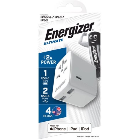 Energizer Ultimate - Ładowarka / Adapter podróżny EU / US / AU / UK + 2x USB-A & USB-C certyfikat MFi (Biały) Energizer Ultimate - Ładowarka / Adapter podróżny EU / US / AU / UK + 2x USB-A & USB-C certyfikat MFi (Biały)