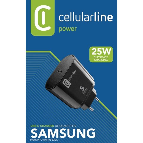 Cellularline - Ładowarka sieciowa USB-C Super Fast Charger 25W (Designed for Samsung) (czarny) Cellularline - Ładowarka sieciowa USB-C Super Fast Charger 25W (Designed for Samsung) (czarny)