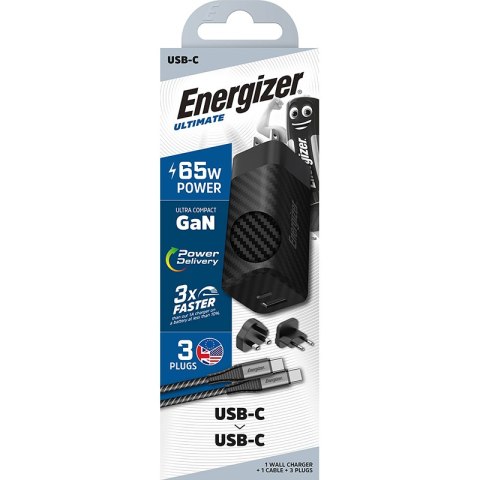 Energizer Ultimate - Ładowarka sieciowa Multiplug EU / UK / US GaN USB-C & USB-A 65W PD + Kabel USB-C (Czarny) Energizer Ultimate - Ładowarka sieciowa Multiplug EU / UK / US GaN USB-C & USB-A 65W PD + Kabel USB-C (Czarny)