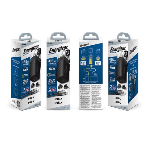 Energizer Ultimate - Ładowarka sieciowa Multiplug EU / UK / US GaN USB-C & USB-A 65W PD + Kabel USB-C (Czarny) Energizer Ultimate - Ładowarka sieciowa Multiplug EU / UK / US GaN USB-C & USB-A 65W PD + Kabel USB-C (Czarny)
