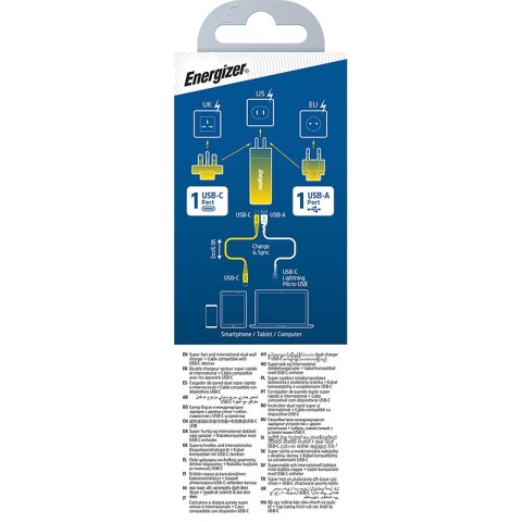 Energizer Ultimate - Ładowarka sieciowa Multiplug EU / UK / US GaN USB-C & USB-A 65W PD + Kabel USB-C (Czarny) Energizer Ultimate - Ładowarka sieciowa Multiplug EU / UK / US GaN USB-C & USB-A 65W PD + Kabel USB-C (Czarny)