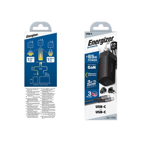 Energizer Ultimate - Ładowarka sieciowa Multiplug EU / UK / US GaN USB-C & USB-A 65W PD + Kabel USB-C (Czarny) Energizer Ultimate - Ładowarka sieciowa Multiplug EU / UK / US GaN USB-C & USB-A 65W PD + Kabel USB-C (Czarny)