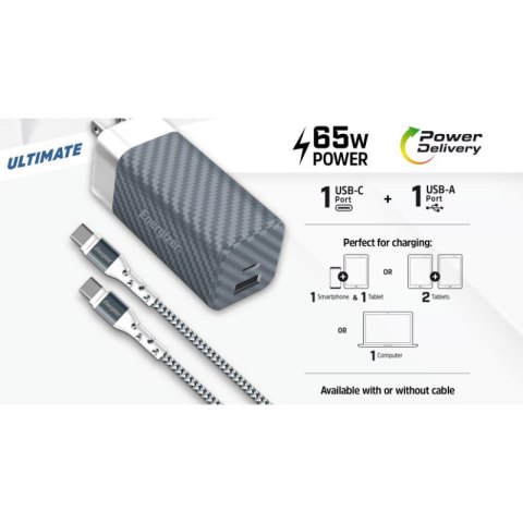 Energizer Ultimate - Ładowarka sieciowa Multiplug EU / UK / US GaN USB-C & USB-A 65W PD + Kabel USB-C (Czarny) Energizer Ultimate - Ładowarka sieciowa Multiplug EU / UK / US GaN USB-C & USB-A 65W PD + Kabel USB-C (Czarny)