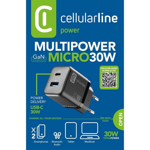 Cellularline Multipower Micro GaN - Ładowarka sieciowa USB-C & USB-A Power Delivery 30W (czarny) Cellularline Multipower Micro GaN - Ładowarka sieciowa USB-C & USB-A Power Delivery 30W (czarny)
