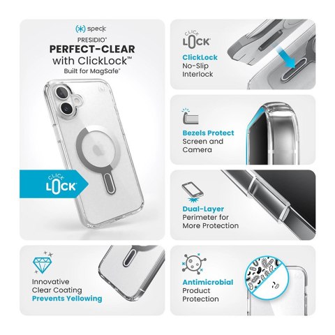 Speck Presidio Perfect-Clear ClickLock & MagSafe - Etui iPhone 16 Plus (Clear / Chrome Finish / Serene Silver) Speck Presidio Perfect-Clear ClickLock & MagSafe - Etui iPhone 16 Plus (Clear / Chrome Finish / Serene Silver)