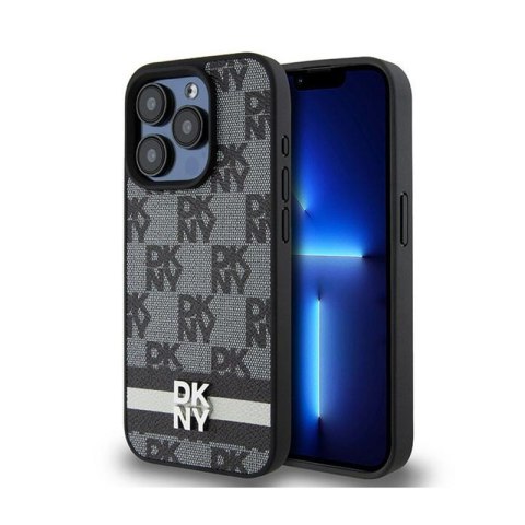 DKNY Leather Checkered Mono Pattern & Printed Stripes - Etui iPhone 15 Pro (czarny) DKNY Leather Checkered Mono Pattern & Printed Stripes - Etui iPhone 15 Pro (czarny)