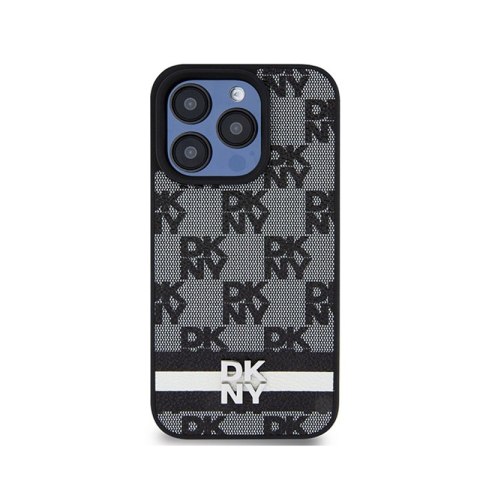 DKNY Leather Checkered Mono Pattern & Printed Stripes - Etui iPhone 15 Pro (czarny) DKNY Leather Checkered Mono Pattern & Printed Stripes - Etui iPhone 15 Pro (czarny)