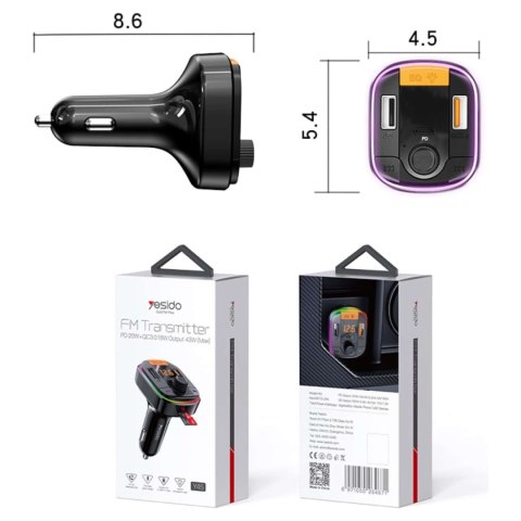 Yesido Transmiter samochodowy Bluetooth 5.0 FM Szybka Ładowarka 43W 2x USB QC 3.0 + USB-C PD Micro SD Yesido do samochodu czarny Yesido Transmiter samochodowy Bluetooth 5.0 FM Szybka Ładowarka 43W 2x USB QC 3.0 + USB-C PD Micro SD Yesido do samochodu czarny