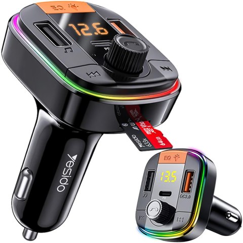 Yesido Transmiter samochodowy Bluetooth 5.0 FM Szybka Ładowarka 43W 2x USB QC 3.0 + USB-C PD Micro SD Yesido do samochodu czarny Yesido Transmiter samochodowy Bluetooth 5.0 FM Szybka Ładowarka 43W 2x USB QC 3.0 + USB-C PD Micro SD Yesido do samochodu czarny