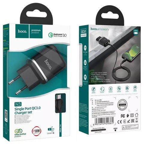 Hoco Ładowarka sieciowa HOCO USB A + kabel USB A do Micro USB QC3.0 3A 18W N3 czarna Hoco Ładowarka sieciowa HOCO USB A + kabel USB A do Micro USB QC3.0 3A 18W N3 czarna