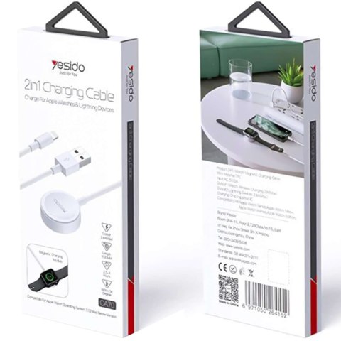 Yesido Kabel USB do ładowania 2w1 ładowarka indukcyjna magnetyczna do Apple Watch Przewód do iPhone Lightning Yesido CA70 2.4A 1.2m Bia Yesido Kabel USB do ładowania 2w1 ładowarka indukcyjna magnetyczna do Apple Watch Przewód do iPhone Lightning Yesido CA70 2.4A 1.2m Bia