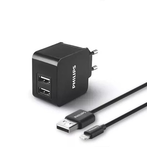 Philips Ładowarka sieciowa 3A 15,5W Philips + Kabel iPhone 3100mA 2XUSB Dual Quick Charge Phil-DLP2307V/12 Czarny Philips Ładowarka sieciowa 3A 15,5W Philips + Kabel iPhone 3100mA 2XUSB Dual Quick Charge Phil-DLP2307V/12 Czarny