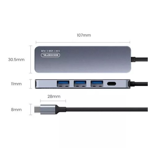 Somostel Hub Adapter USB Somostel SMS-BZ08 PD 60W 1XTYP-C 2XUSB 2.0 1X USB 3.0 1x HDMI 4K Szary Somostel Hub Adapter USB Somostel SMS-BZ08 PD 60W 1XTYP-C 2XUSB 2.0 1X USB 3.0 1x HDMI 4K Szary