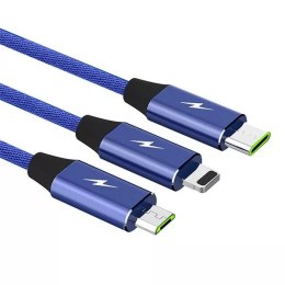Somostel Kabel 3w1 USB-C micro USB Lightning szybkie ładowanie SOMOSTEL SMS-BW03 QC3.0 Quick Charge 2.1A 10W 1.2 m Powerline Niebieski