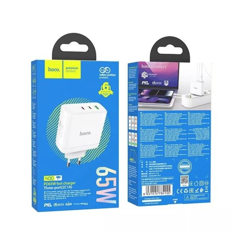 Hoco Ładowarka sieciowa HOCO 2 x Typ C + USB A QC PD 65W GaN Biała Hoco Ładowarka sieciowa HOCO 2 x Typ C + USB A QC PD 65W GaN Biała