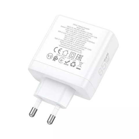 Hoco Ładowarka sieciowa HOCO 2 x Typ C + USB A QC PD 65W GaN Biała Hoco Ładowarka sieciowa HOCO 2 x Typ C + USB A QC PD 65W GaN Biała