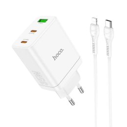 Hoco Ładowarka sieciowa HOCO 2 x Typ C + USB A + kabel Typ C do Lightning PD QC3.0 3A 35W Biała