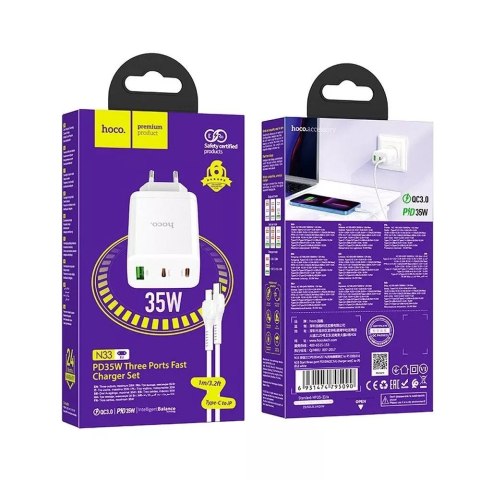 Hoco Ładowarka sieciowa HOCO 2 x Typ C + USB A + kabel Typ C do Lightning PD QC3.0 3A 35W Biała Hoco Ładowarka sieciowa HOCO 2 x Typ C + USB A + kabel Typ C do Lightning PD QC3.0 3A 35W Biała