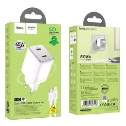Hoco Ładowarka sieciowa HOCO 2 x Typ C + kabel Typ C do Lightning PD QC 45W GaN Biała