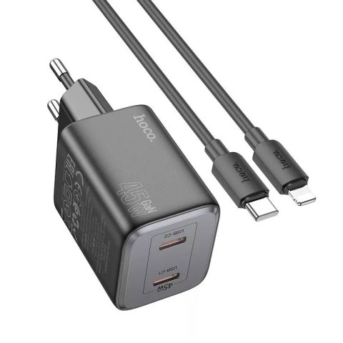 Hoco Ładowarka sieciowa HOCO 2 x Typ C + kabel Typ C do Lightning PD QC 45W GaN Czarna Hoco Ładowarka sieciowa HOCO 2 x Typ C + kabel Typ C do Lightning PD QC 45W GaN Czarna
