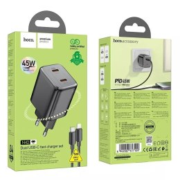 Hoco Ładowarka sieciowa HOCO 2 x Typ C + kabel Typ C do Lightning PD QC 45W GaN Czarna