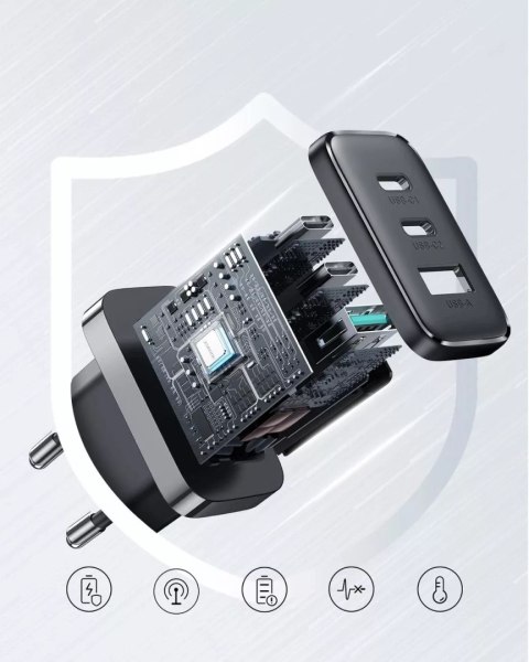 Joyroom Szybka ładowarka Joyroom 2x USB-C USB-A 32W - Czarna Joyroom Szybka ładowarka Joyroom 2x USB-C USB-A 32W - Czarna