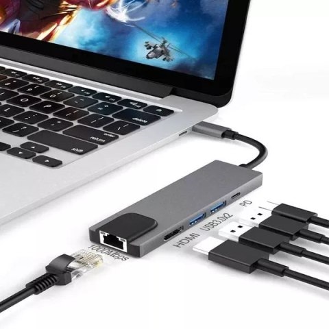 4kom.pl Ecobox Adapter Dex Typ-C HDMI + USB + RJ45 + Typ-C Srebrny 4kom.pl Ecobox Adapter Dex Typ-C HDMI + USB + RJ45 + Typ-C Srebrny