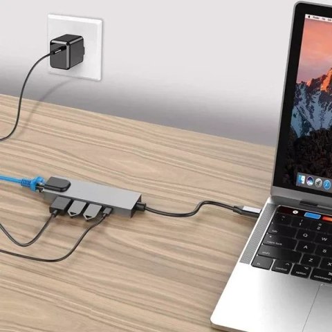 4kom.pl Ecobox Adapter Dex Typ-C HDMI + USB + RJ45 + Typ-C Srebrny 4kom.pl Ecobox Adapter Dex Typ-C HDMI + USB + RJ45 + Typ-C Srebrny